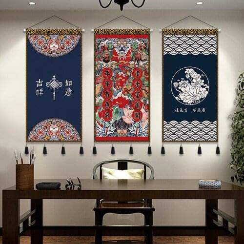 ChineseTraditional Wall Art Canvas Paintings God of Wealth Poster Wall Tapestry Decor Wood Hanging Scroll Painting Home Decor