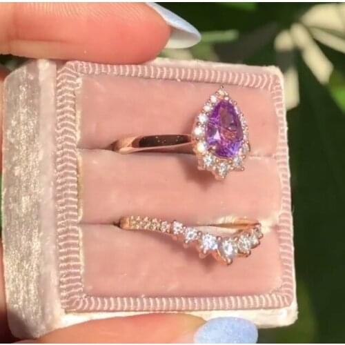 Milangirl 2Pcs/set Hot Sale Pear-shape Pink Zircon Bridal Rings Set Fashion Wedding Jewelry Promise Engagement Ring for Women