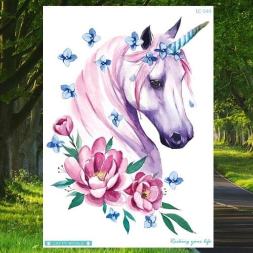 Cute Unicorn Flowers Fake Tattoo Stickers Big Size Animal Temporary Tattoos for Girl Women Waterproof Tatoo Arm Leg Art Tatoo