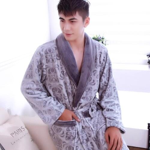 Mens Coral Fleece Pajamas Male Thickened Flannel Bathrobe Long-sleeve Adult Bathrobe Coral Fleece Sleepwear Leisure D-2095