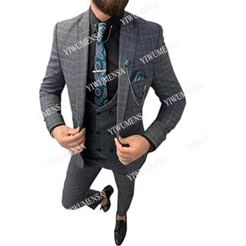 Vintage Grey/Brwon Checked Plaid Mens Business Suits Slim Fit Blazer Jacket&Vest&Trousers 3 Pieces Wedding Prom Daily Gowns