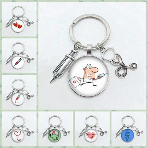 New Creative Hospital Doctor Stethoscope Syringe Keychain Alloy Pendant Convex Round Glass Pendant Key Chain Special Keychain