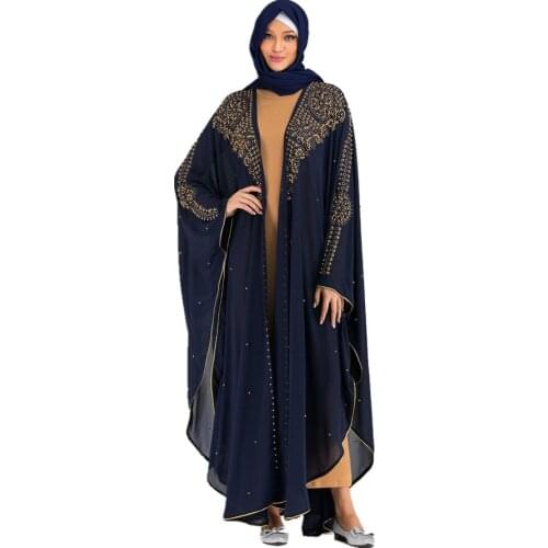 Opened abayas cloak golden beading Breathable muslim abaya female full length prayer hooded kimono islamic cardigan robes F1539