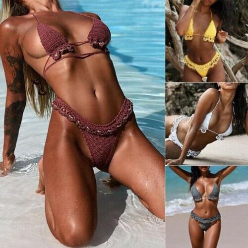 Sexy Women Strappy Knit Bikini Set Two Piece Swimwear Bandage Closed Lace Up High Waist Bottom Solid Sexy Ladies Beachwear