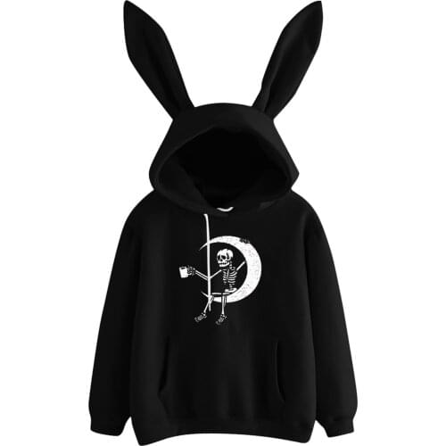 Moon Human Skeleton Print Gothic Hoodies For Women Harajuku Kawaii Long Rabbit Bunny Sweatshirts Autumn Winter Pullover Moletom