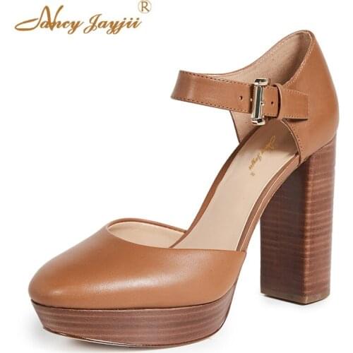 Matte Brown Platform Block High Heels Cork Print Buckle Ankle Strap Pumps Round Toe Shoes Woman Size 9 11 16 Spring 2019 Casual