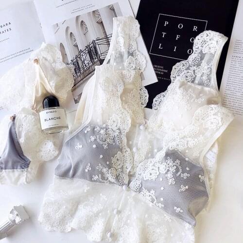 Wriufred Women Triangle Cup Brassiere Sexy Lace Gauze Bralette Embroidery Underwear Bra Set Plus Size lingerie Panties Sets