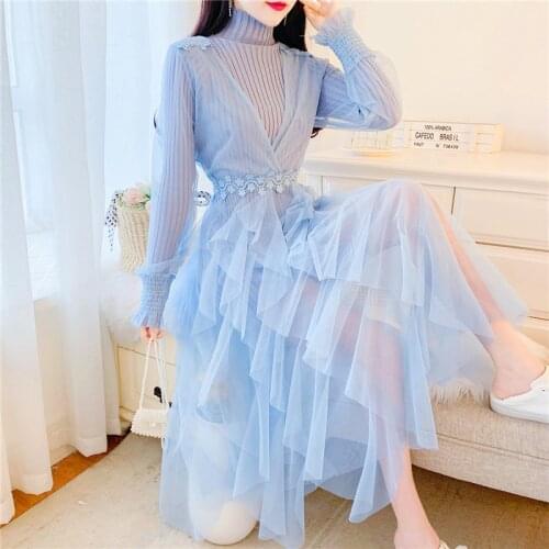 2021 Fashion Sweet Lovely Spring 2-Piece Set Plus Velvet Lace Ruffled Beaded Tassel Shirt + Mesh Dress Womens Suit