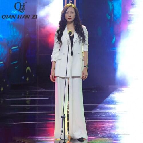 QHZ autumn designer Fashion white suit winter Loose casual long-sleeved coat+wide-leg trousers casual office womens suit set