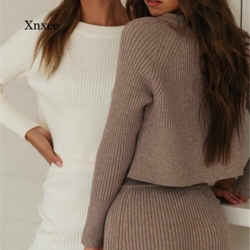Autumn and Winter Womens Two-Piece Solid Color Skirt Long-Sleeved Short Top + Pencil Skirt Two-Piece Womens Sweater