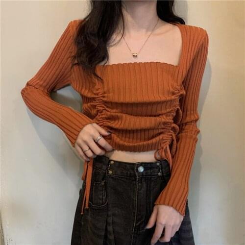 Harteen Spring Autumn Korean Fashion Vintage Solid Square Collar Knitted Pullover Sweater Women Clothes Long Sleeve Femme Top