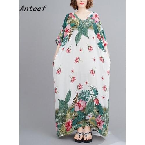 Short sleeve cotton satin vintage floral dresses for women casual loose maxi long summer beach dress elegant clothes 2021