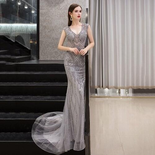 New Fashion 2020 Sexy V Neck Heavy Beaded Sleeveless Formal Gown Trumpet Silver Evening Dresses Long for Party