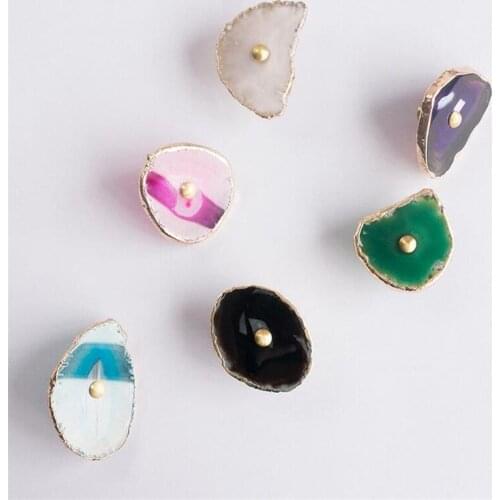 1Pc Natural Crystal Stone Agate Brass Handle Light Luxury Cabinet Door Wardrobe Drawer Single Hole Knob Handles