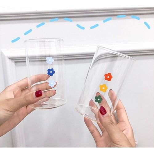300ml Ins Korea Glass Water Bottle Office Cup Fashion Bottle Glass Cup Coffee Mug Gift Transparent Drinkware Flower Cup