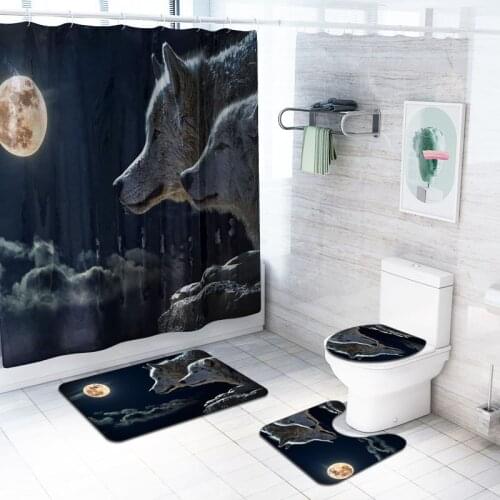 4 Pcs animal Shower Curtain/Bath Mat/Toilet Pad Set Character Pattern Anti-slip Toilet Pattern Carpet Flannel Bath Mat