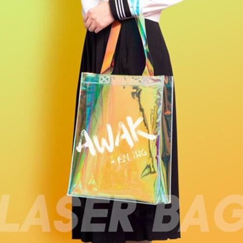 500pcs/Lot Customized Logo Printed Iridescent Plastic Bag laser Rainbow Color Transparent Shopping Handbag for Gift/Shopping
