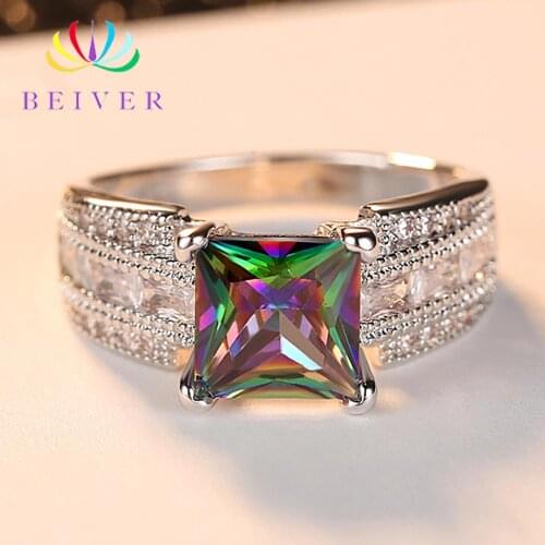 Beiver 2019 New Arrival White Gold Color Rainbow Square Zircon Promise Wedding Bands Rings for Women Party Jewelry Ladies Gifts