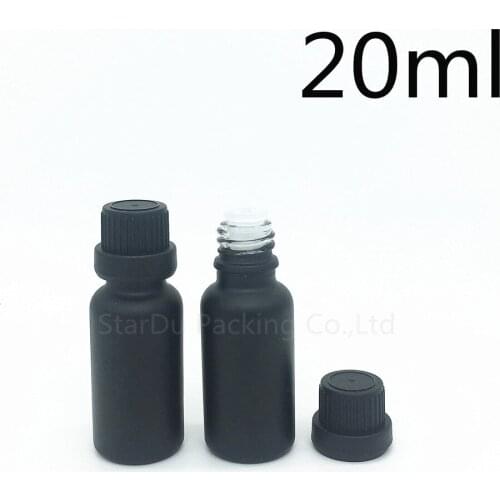 Free Shipping 200pcs 20ML Black Frosted Glass Bottle 20ml Vials Essential Oil Bottle black tamper evident cap Perfume bottle