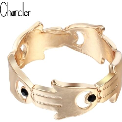 Chandler Gold Plating Hamsa Hand of Fatima Rings Evil Eye Jewish Kabbalah Bague For Women Size 7 Ethic Jesus Jewelry