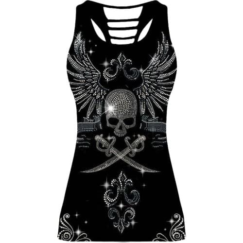 Women Skeleton Sport Sleeveless T Shirt Tank Tops Flag Skull Cross 3D Print Jerseys Back Hollow Out Vest for Club Fitness Sports