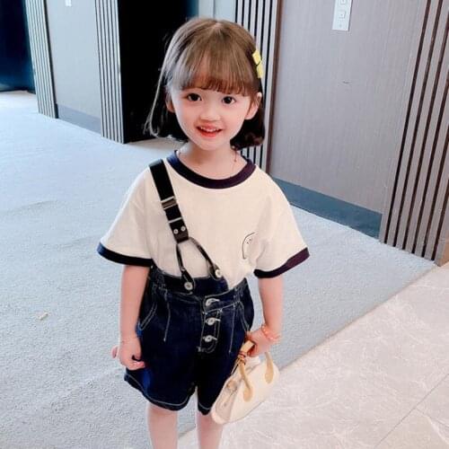 Children Clothing Sets 2021 New Summer Short Sleeve White T-shirt+High Waist Denim Overall Pant Two Piece Kids Sets For 1-7Yrs