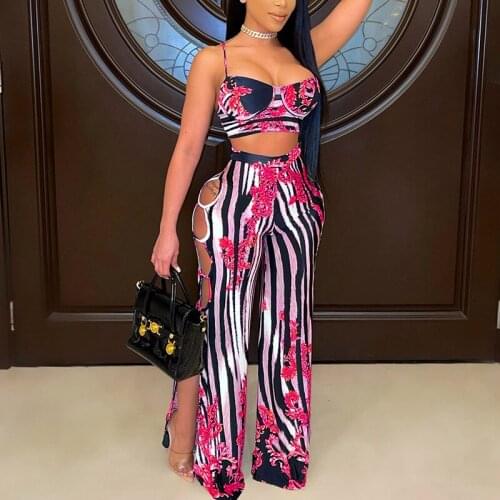 Summer Sexy 2 Piece Suits Women Print Bra Sling Bikini Vest Top Two Outfits Side Hollow Out Stripe Wide Leg Pants Sets Club Suit