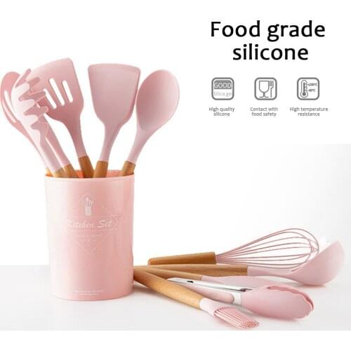 Kitchen Utensils Set Silicone Cooking Tools Non-Stick Spatula Shovel Spoon With Wooden Handle Storage Box Heat-Resistant