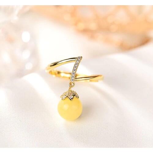 Natural 925 sterling silver gilt inlaid round beads amber simple temperament amber rings resizable Irregular women rings