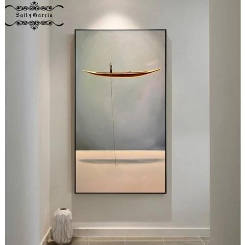 New Chinese Style Gold Boat Canvas Poster Natural Landscape Abstract Painting Print Wall Art Pictures for Living Room Home Decor