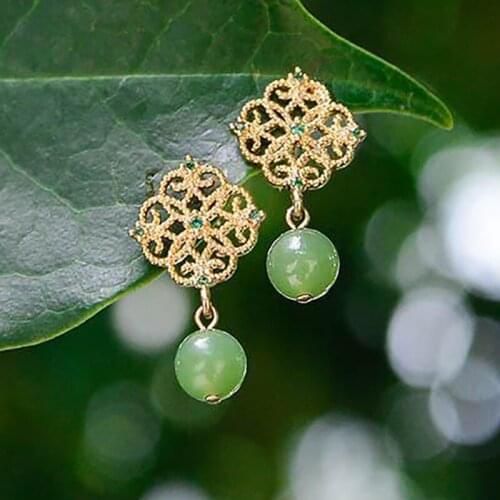 Original design natural Hetian white jade carved hollow Earrings Chinese style retro unique gold craft womens Christmas gift