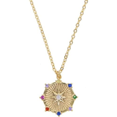 Star signet necklace starburst round coin pendant fashion classic women jewelry collar paved colorful cz