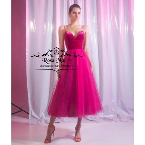 Sexy Fuchsia Plus Size Tea Length Prom Dresses 2020 A Line Spaghetti Straps Cheap Simple Tulle Vestido De Fiesta Formal Gowns