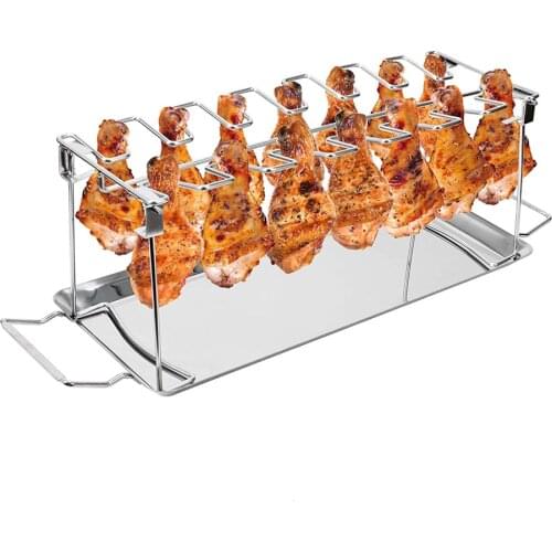 BBQ Beef Chicken Leg Wing Grill Rack 14 Slots Stainless Steel Barbecue Drumsticks Holder Smoker Oven Roaster Stand With Drip Pan