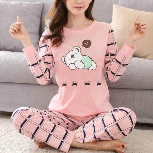 Casual Women Cartoon Animal Print O Neck Top Long Pants Pajamas Sleepwear Set