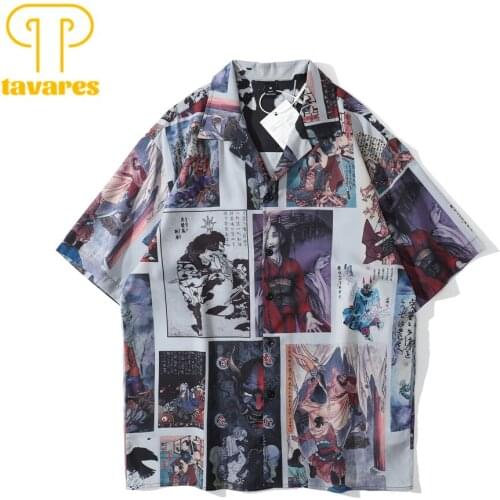 TAVARES Casual Shirts Anime Comics Men Summer Short Sleeve Shirt Women Oversized Funny Harujuku Blouse Hawaiian Beach Shirt