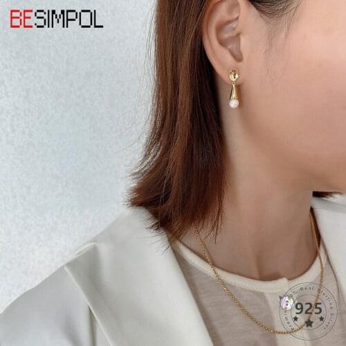 Besimpol Real 925 Sterling Silver Earrings Fashion Simple Ice Cream Pearl Stud Earrings For Women Minimalist Fine Jewelry Gifts