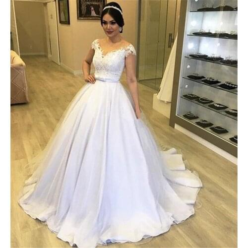 Vestido De Noiva 2021 Simple Inspired satinTulle Wedding Dress cap sleeve Lace Sash V Neck Bridal Gown wedding gown robe mariage