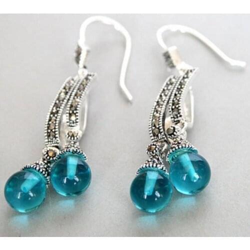 VINTAGE 925 STERLING A BLUE OPALS STONE MARCASITE DANGLE HOOK EARRINGS