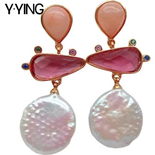 Y·YING luxury Pink Aventurine White Coin Freshwater Pearl Red Crystal Dangle Stud Earrings gold color plated for women girl