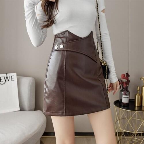 Pu Leather Mini Korean Fashion High-Waisted Vintage Spring Autumn Summer WomenS Clothing Skirts Vetement Femme 2021