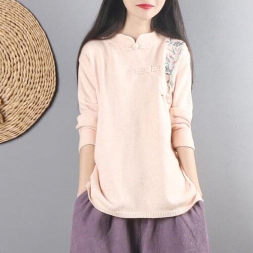 Knitted Retro Blouse Women 2020 Autumn Ladies Chinese Tops Slim Fit Shirts New Year Chinese Style Clothing Women Sweater 11672