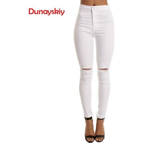 Women Knee Hole Denim Pencil Pants High Waist Casual Skinny Jeans For Girls Slim Knee Ripped Elasticity Black Blue Trousers