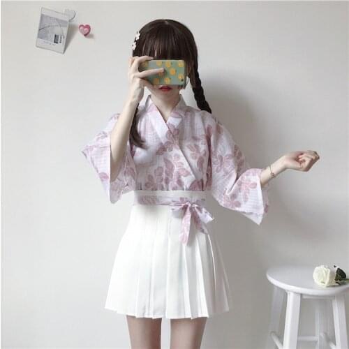 Japan Style Sweet Womens 2 Pieces Set: White Pleated Mini Skirt + Kimono Shirt Three Quarter Sleeve Blouse Cute One Piece