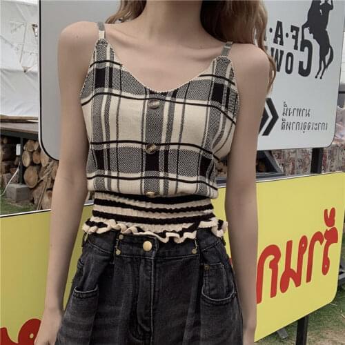 Women Corset Tops Spring Plaid Short V-neck Knitted Camisole For Women Tank Camis Crop Top For Women