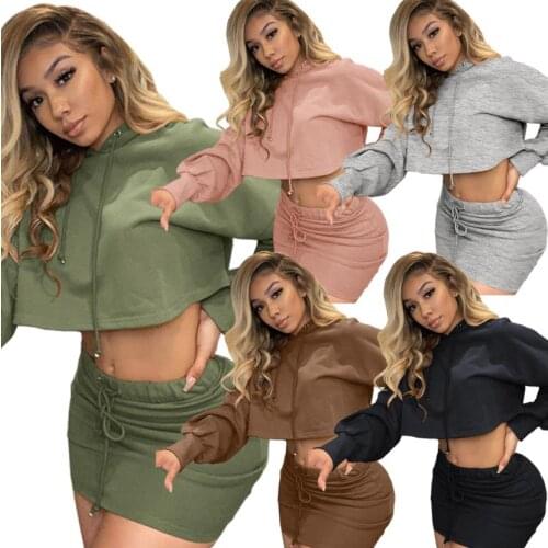 Clothing Vendor hot sell women summer sports hoodie Two Piece crop top tracksuits Outfits 2 Piece short skirt Set