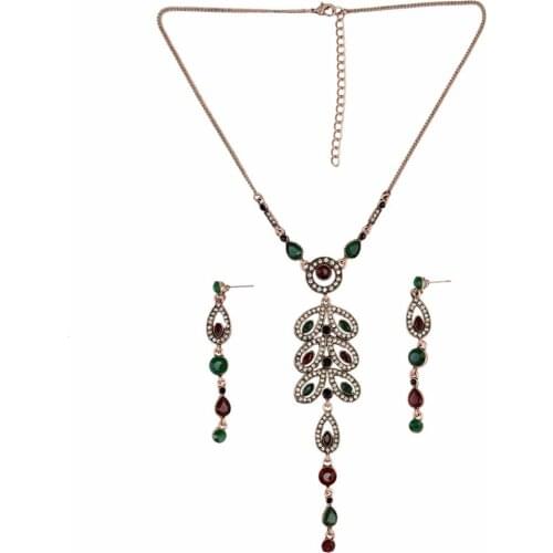 Idealway Boho Vintage Ethnic Leaf Shape Choker Necklace Crystal Rhinestone Resin Tassel Necklaces Earrings For Women Jewelry Set