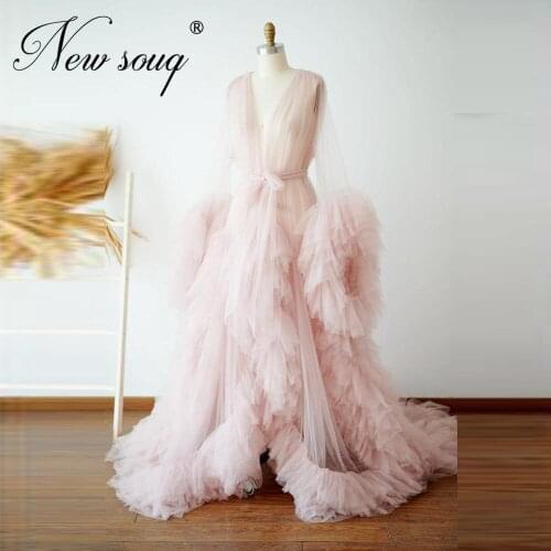Robe Soiree Dubai Evening Dress Pink V Neck 2020 Chic Design Tulle Tiered Formal Dresses Kaftans Islamic African Long Prom Gowns
