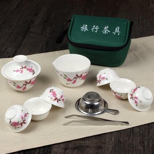11 Pcs Travel Tea Sets Chinese Portable Ceramic Bone China Gaiwan Teacup Porcelain Tea Cup The Kung Fu Travel Tea Set Bag