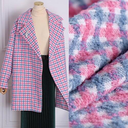 150CM Wide 680G/M Weight Pink Blue Tweed Knitted Wool & Polyester Fabric for Autumn Winter Coat Jacket E1163